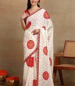 off white block print chiffon saree with unstitched blouse piece