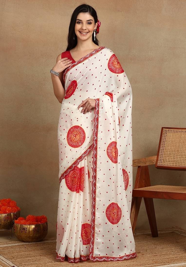 off white block print chiffon saree with unstitched blouse piece