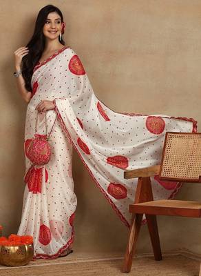 off white block print chiffon saree with unstitched blouse piece 2