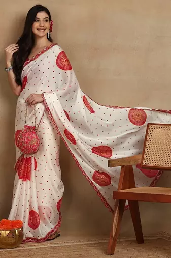 off white block print chiffon saree with unstitched blouse piece