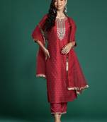 Embroidered Chanderi Silk Kurta With Trousers & Dupatta