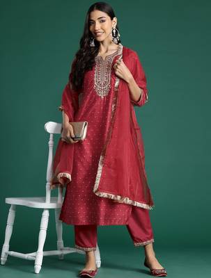 Embroidered Chanderi Silk Kurta With Trousers & Dupatta 8