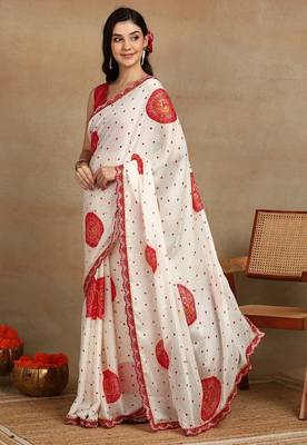 off white block print chiffon saree with unstitched blouse piece 3