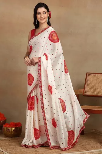 off white block print chiffon saree with unstitched blouse piece