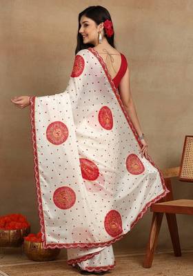 off white block print chiffon saree with unstitched blouse piece 4