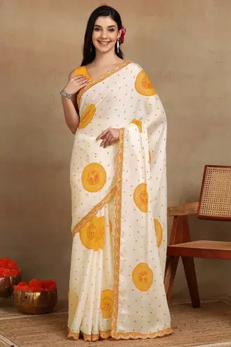 off white block print chiffon saree with unstitched blouse piece
