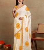off white block print chiffon saree with unstitched blouse piece