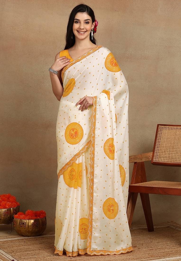 off white block print chiffon saree with unstitched blouse piece