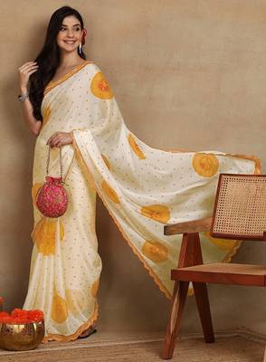 off white block print chiffon saree with unstitched blouse piece 2