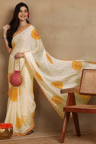 off white block print chiffon saree with unstitched blouse piece