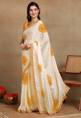 off white block print chiffon saree with unstitched blouse piece 3