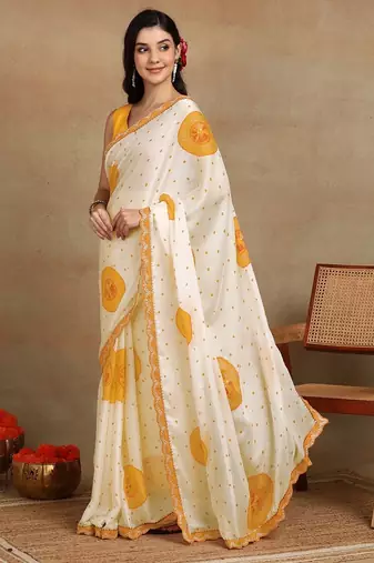 off white block print chiffon saree with unstitched blouse piece
