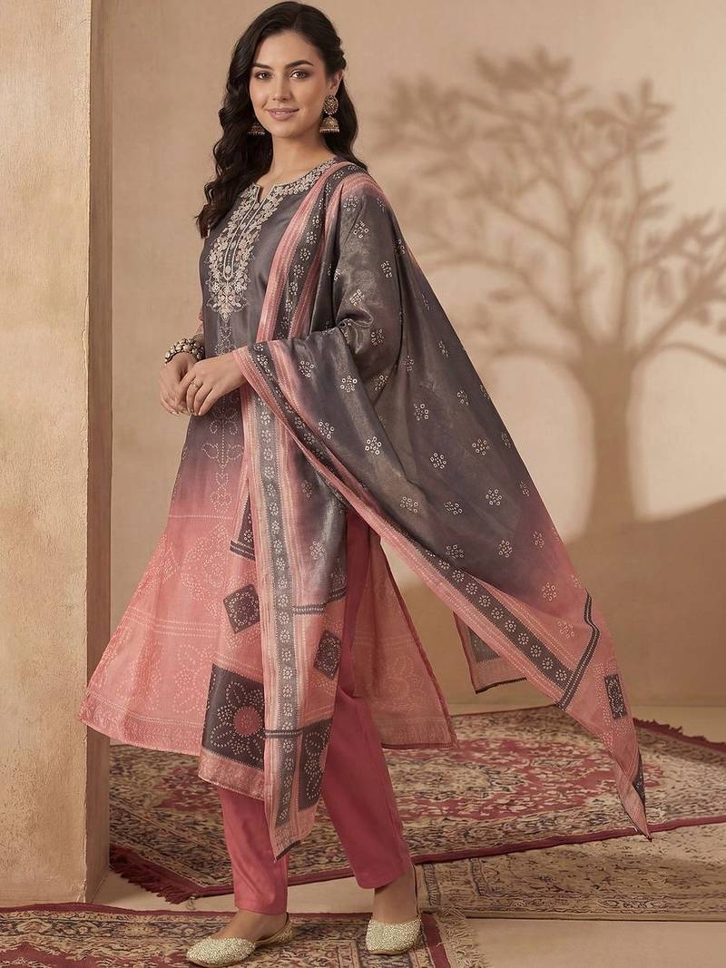 Women Bandhani Embroidered Sequinned Kurta with Trousers & With Dupatta