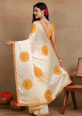 off white block print chiffon saree with unstitched blouse piece 4