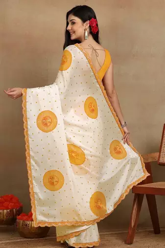 off white block print chiffon saree with unstitched blouse piece