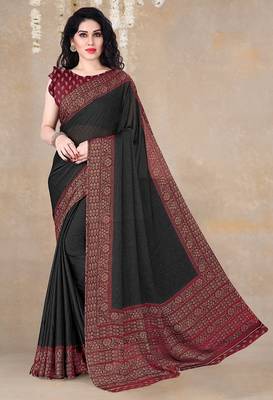 black floral printed chiffon saree with unstitched blouse piece 1