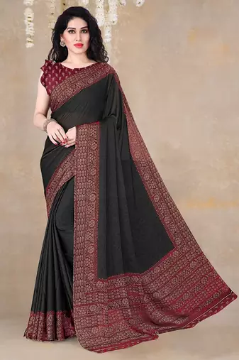 black floral printed chiffon saree with unstitched blouse piece