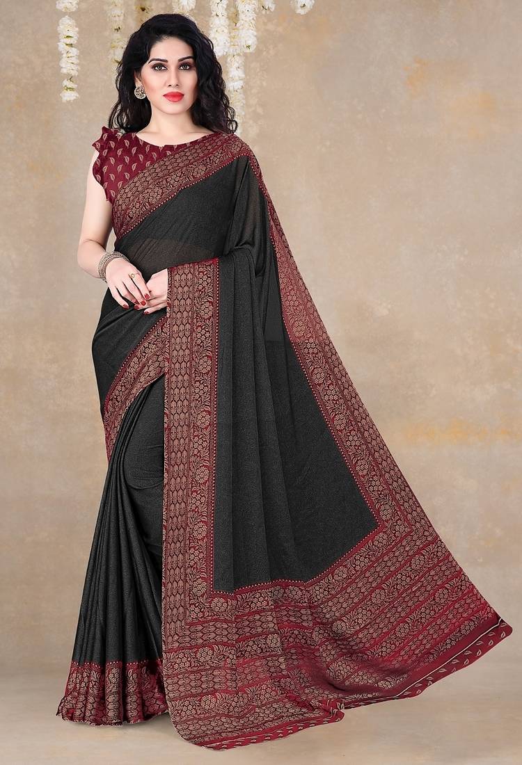 black floral printed chiffon saree with unstitched blouse piece