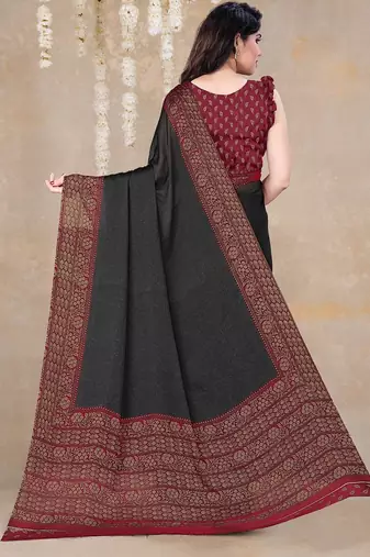 black floral printed chiffon saree with unstitched blouse piece