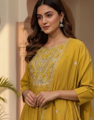 Women Ethnic Motifs Embroidered Pleated Thread Work Kurta with Trousers & With Dupatta 2