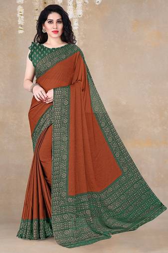 rust floral printed chiffon saree with unstitched blouse piece