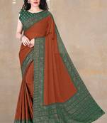 rust floral printed chiffon saree with unstitched blouse piece