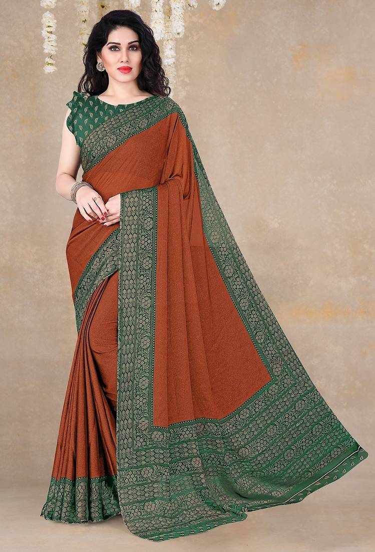 rust floral printed chiffon saree with unstitched blouse piece