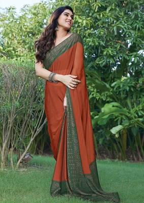 rust floral printed chiffon saree with unstitched blouse piece 2