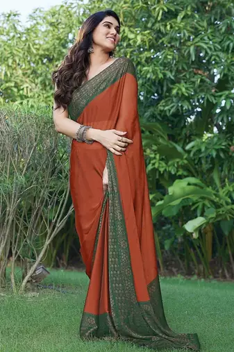 rust floral printed chiffon saree with unstitched blouse piece