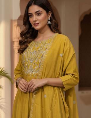 Women Ethnic Motifs Embroidered Pleated Thread Work Kurta with Trousers & With Dupatta 6