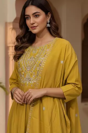 Women Ethnic Motifs Embroidered Pleated Thread Work Kurta with Trousers & With Dupatta