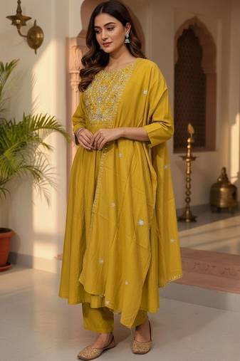 Women Ethnic Motifs Embroidered Pleated Thread Work Kurta with Trousers & With Dupatta