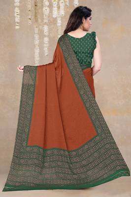 rust floral printed chiffon saree with unstitched blouse piece 4