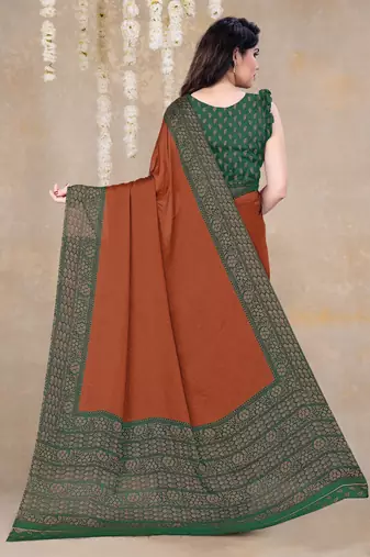 rust floral printed chiffon saree with unstitched blouse piece