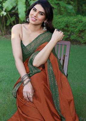 rust floral printed chiffon saree with unstitched blouse piece 5