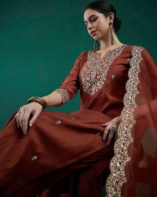 Women Ethnic Motifs Embroidered Liva Kurta with Trousers & With Dupatta 2