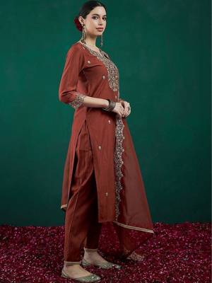 Women Ethnic Motifs Embroidered Liva Kurta with Trousers & With Dupatta 5