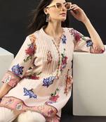 Women Floral Printed Pleated Cotton Kurti with Trousers