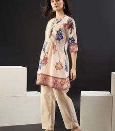 Women Floral Printed Pleated Cotton Kurti with Trousers