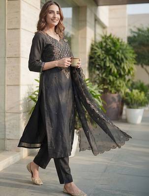 Women Ethnic Motifs Embroidered Thread Work Liva Kurta with Trousers & With Dupatta 1
