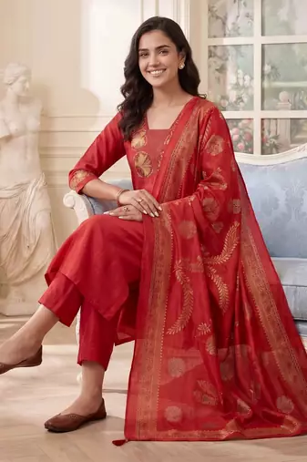 Women Ethnic Motifs Embroidered Regular Thread Work Kurta with Trousers & With Dupatta