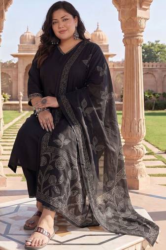 Plus Size Black Embroidered Straight Kurta Trousers With Dupatta Set