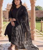 Plus Size Black Embroidered Straight Kurta Trousers With Dupatta Set