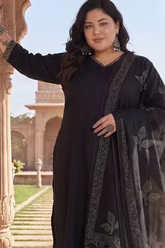Plus Size Black Embroidered Straight Kurta Trousers With Dupatta Set