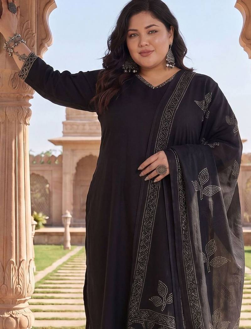 Plus Size Black Embroidered Straight Kurta Trousers With Dupatta Set
