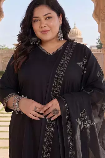 Plus Size Black Embroidered Straight Kurta Trousers With Dupatta Set