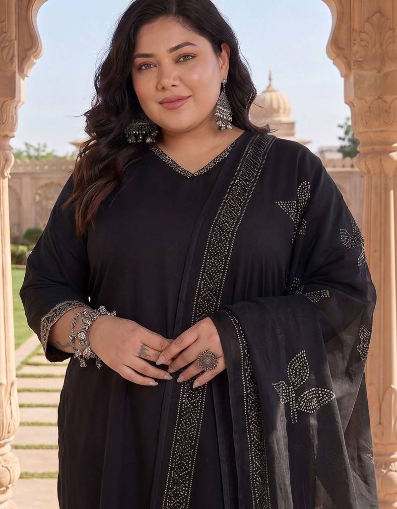 Plus Size Black Embroidered Straight Kurta Trousers With Dupatta Set