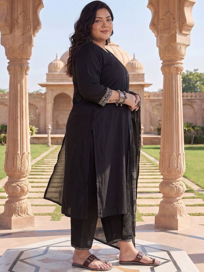 Plus Size Black Embroidered Straight Kurta Trousers With Dupatta Set