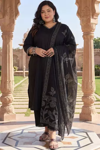 Plus Size Black Embroidered Straight Kurta Trousers With Dupatta Set