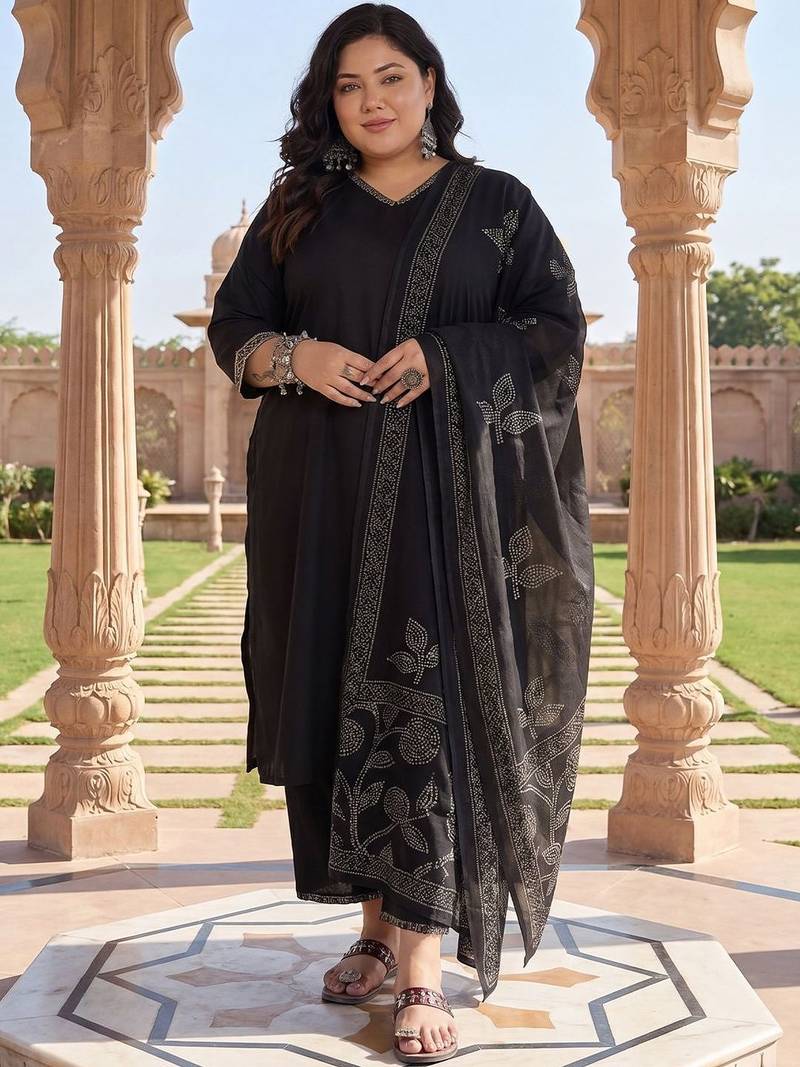 Plus Size Black Embroidered Straight Kurta Trousers With Dupatta Set